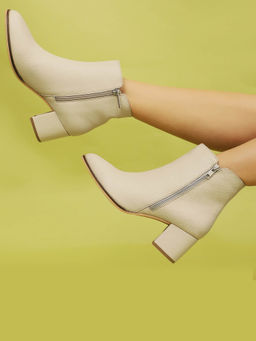 Yoho - Beige Pointed Toe Slays Ankle Boots with Block Heel for Women