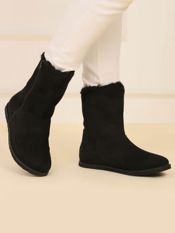 Yoho - Black Slays Suede-Finish Mid-Calf Winter Boots with Fur Lining for Women