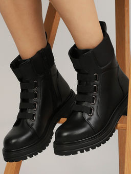 Yoho - Black Slays Lace-Up Combat Boots with Chunky Sole for Women