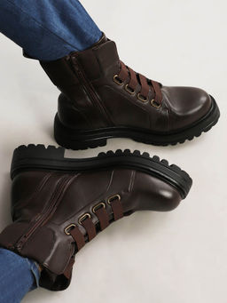 Yoho - Brown Slays Lace-Up Combat Boots with Chunky Sole for Women