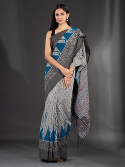 CHARUKRITI - Grey Handspun Cotton Hand Woven Soft Saree with Kotki Design with Unstitched Blouse