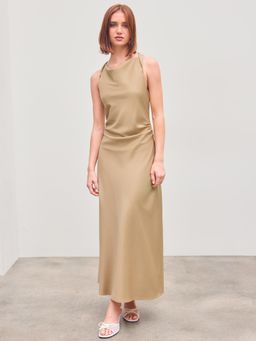 Cider - Satin Cowl Neck Solid Ruched Maxi Dress