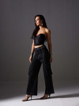 Miss Chase - Women Black Wide Leg Denim Jeans