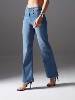 Miss Chase - Women Light Blue Wide Leg Mid Denim Jeans