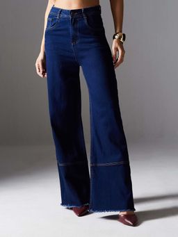 Miss Chase - Women Navy Blue Wide Leg Denim Jeans