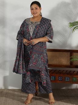Extra love by Libas - Grey Floral Printed Straight Kurta with Pant and Dupatta