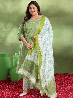 Extra love by Libas - Woman Plus Size Green Floral Printed Straight Kurta with Pant and Dupatta