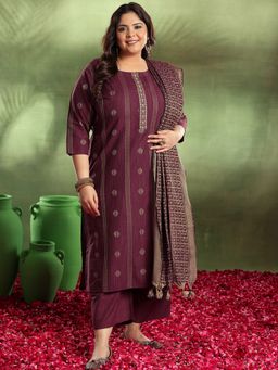 Extra love by Libas - Maroon Woven Design Straight Kurta with and Woven Design Dupatta