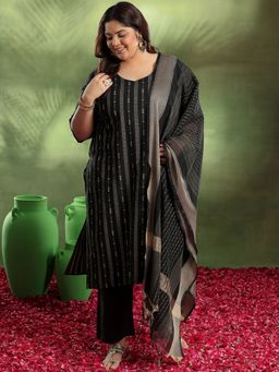 Extra love by Libas - Black Woven Design Straight Kurta with Pant and Woven Design Dupatta