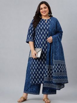 Extra love by Libas - Blue Cotton Printed Kurta and Palazzo with Dupatta