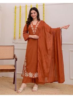 Anveri Textiles - Rust Embroidered Cotton Blend Kurta Pant and Dupatta