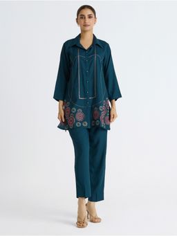 Women Plus - Teal Embroidered Viscose Rayon Plus Size Co-Ord Set