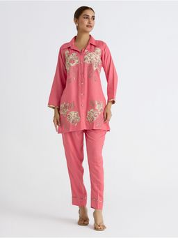 Women Plus - Rosy Pink Applique Embroidered Slub Plus Size Co-Ord Set