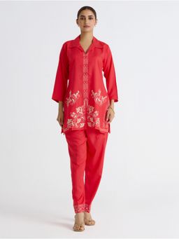 Women Plus - Persian Red Embroidered Viscose Rayon Plus Size Co-Ord Set