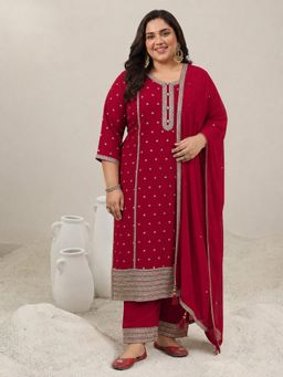 Extra love by Libas - Red Zari Embroidered Straight Kurta with Pant with Dupatta