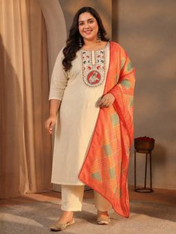 Extra love by Libas - Plus Size Off White Straight Kurta with Pant and Printed Dupatta