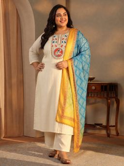Extra love by Libas - Plus Size Off White Straight Kurta with Pant and Printed Dupatta