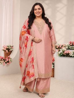 Extra love by Libas - Peach Floral Kurta with and Palazzo with Floral Printed Dupatta