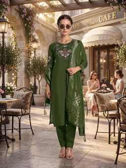 Monjolika Fashion - Mehendi Green Chanderi Silk Embroidered Kurta and Pant with Dupatta