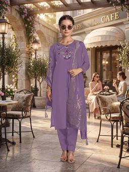 Monjolika Fashion - Lavender Chanderi Silk Embroidered Kurta and Pant with Dupatta