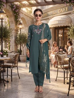 Monjolika Fashion - Green Chanderi Silk Embroidered Kurta and Pant with Dupatta