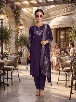 Monjolika Fashion - Dark Purple Chanderi Silk Embroidered Kurta and Pant with Dupatta