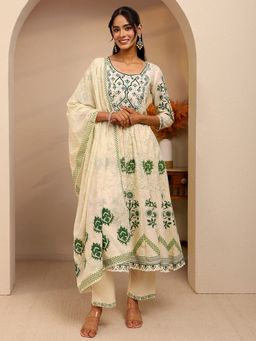 Libas - Cream Floral Printed Anarkali Kurta with Pant and Dupatta