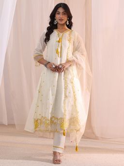 Libas - White Floral Embroidered A-Line Kurta with Lining and Pant and Dupatta