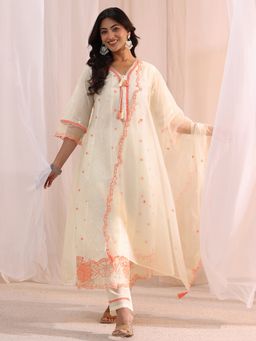 Libas - White Floral Embroidered A-Line Kurta with Lining and Pant and Dupatta