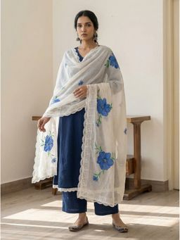 Vastara TheLabel - Navy Blue Tussar Linen Blend A Line Kurta with Pant and Dupatta