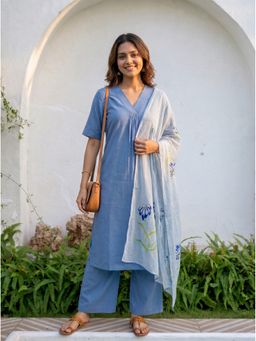 Vastara TheLabel - Blue Tussar Linen Blend A Line Kurta with Pant and Dupatta