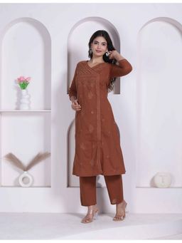 Doriyaan - Women's Brown Floral Printed Angrakha Style Kurta with Palazzo