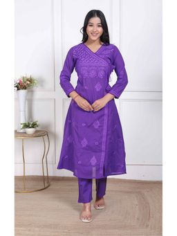 Doriyaan - Women's Purple Floral Printed Angrakha Style Kurta with Palazzo
