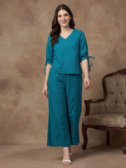 Black & Blah Blah - Teal Solid Straight Pure Cotton Co-Ord Set