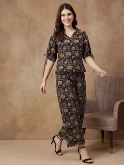 Black & Blah Blah - Black Floral Printed Straight Pure Cotton Co-Ord Set