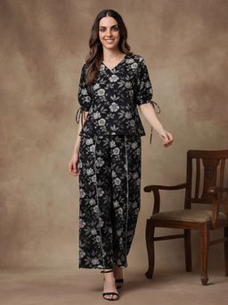 Black & Blah Blah - Black Floral Printed Straight Pure Cotton Co-Ord Set