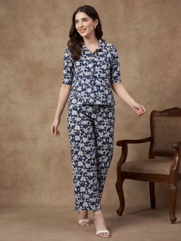 Black & Blah Blah - Navy Blue Floral Printed Straight Pure Cotton Co-Ord Set