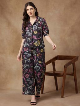 Black & Blah Blah - Black Floral Printed Straight Pure Cotton Co-Ord Set