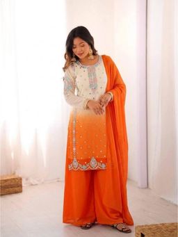 PMD FASHION - Orange Embroidered Kurta with Palazzo and Dupatta