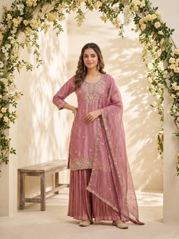 Koskii - Onion Pink Zari Work Tissue Kurta with Palazzo and Dupatta