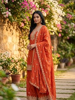 Koskii - Rust Sequins Crepe Kurta with Palazzo and Dupatta