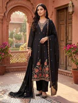 Koskii - Black Chanderi Anarkali Kurta with Pant Regular and Dupatta