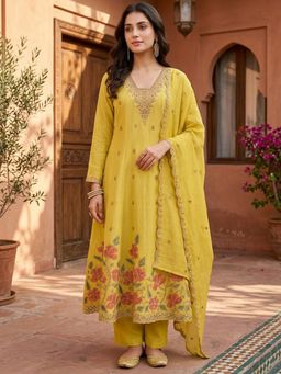 Koskii - Mustard Chanderi Anarkali Kurta with Regular Pant and Dupatta
