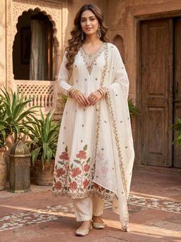 Koskii - Off White Chanderi Cording Anarkali Kurta with Pant and Dupatta