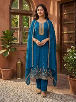 Koskii - Blue Chanderi Anarkali Kurta with Pant and Dupatta