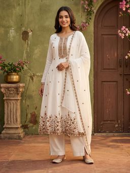Koskii - Off White Chanderi Anarkali Kurta with Pant and Dupatta
