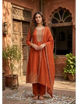 Koskii - Rust Chanderi Anarkali Kurta with Pant and Dupatta