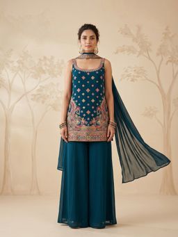 Koskii - Peacock Blue Thread Work Georgette Kurta with Palazzo and Dupatta