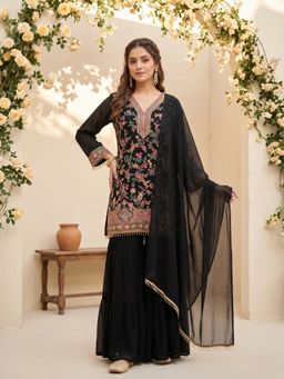 Koskii - Black Thread Work Georgette Kurta with Sharara and Dupatta