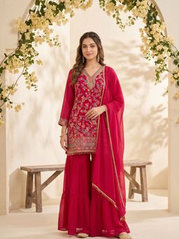 Koskii - Rani Pink Thread Work Georgette Kurta with Sharara and Dupatta